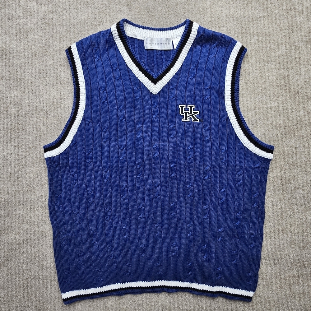Vintage Sports In Motion UK Wildcats Cable Knit Sweater Vest Mens Large Blue